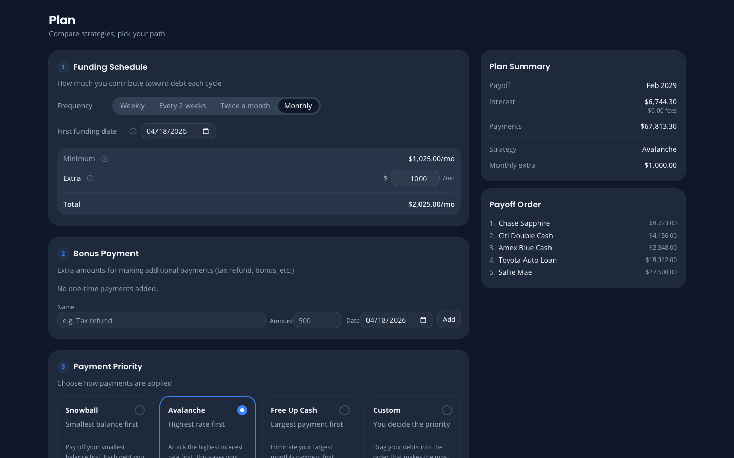 OwedLess plan page with strategy options