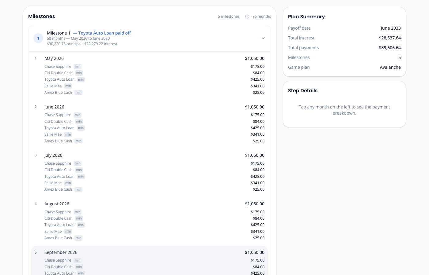 OwedLess milestones view with milestone-based payoff steps